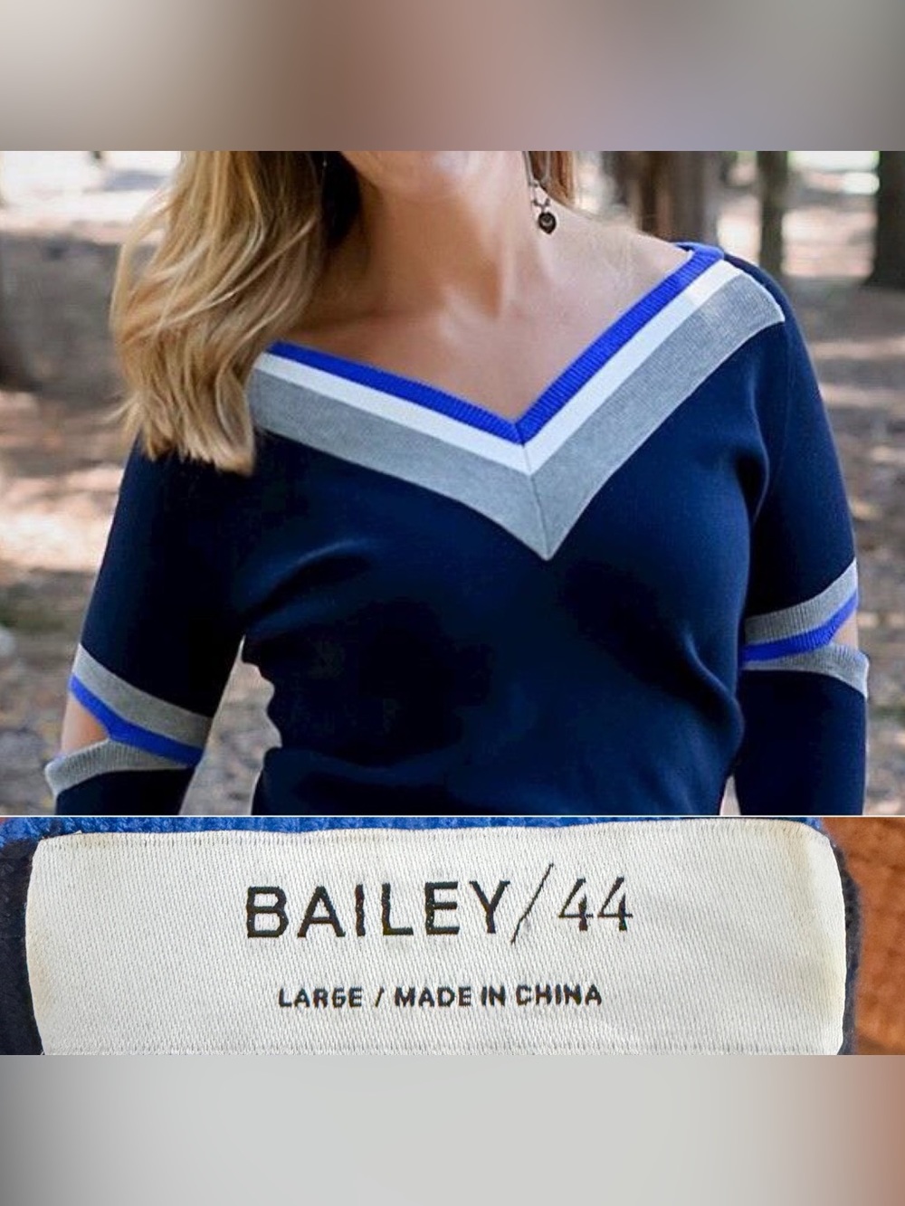 Bailey 44 Navy V-Neck Sweater with Grey & Blue Trim, arm cut outs Large
